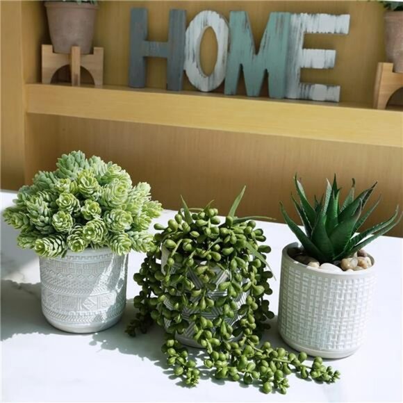 Set of 3 small artificial succulent potted plants faux greenery home office deco - Picture 6 of 8